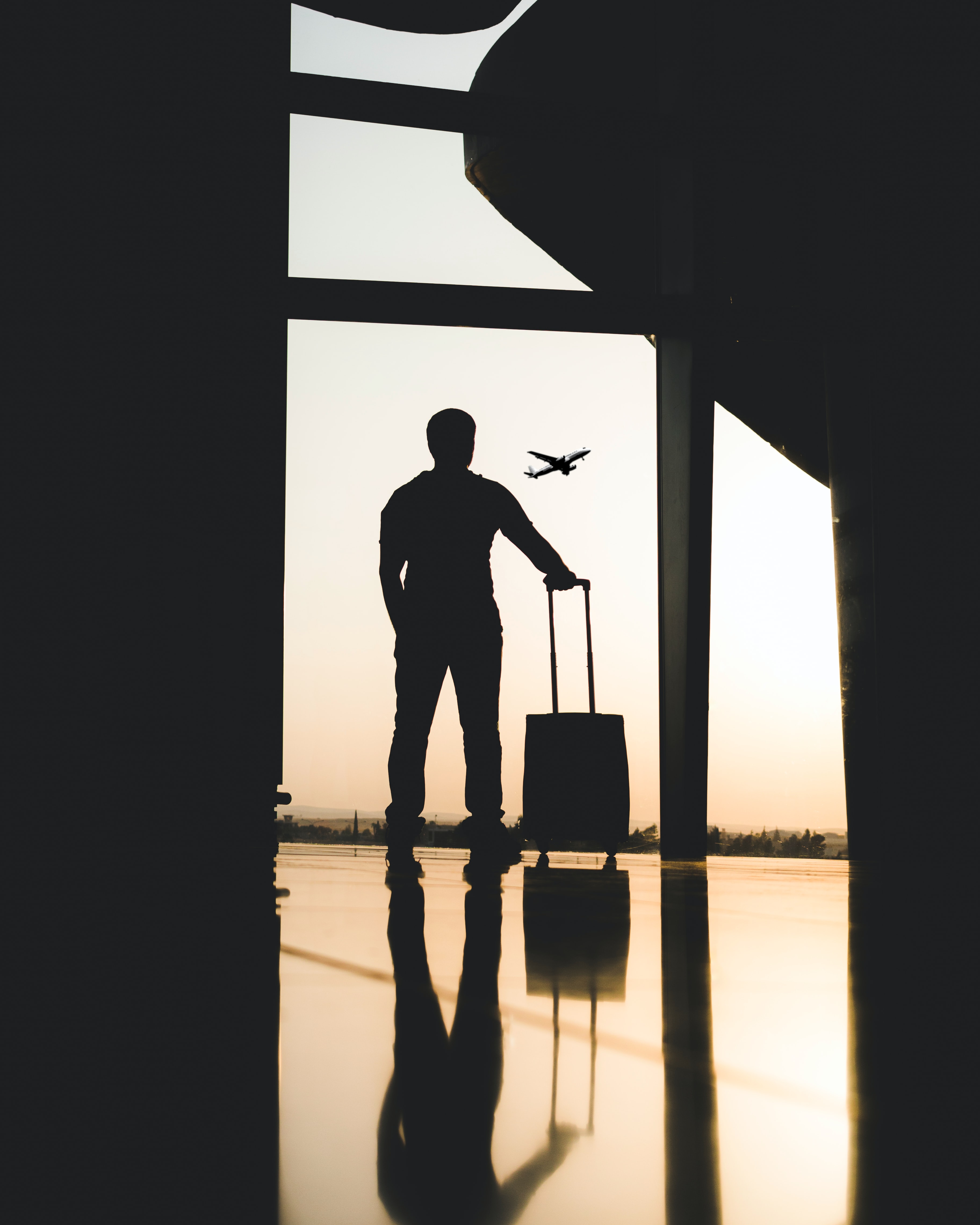 Il s'agit d'un homme debout devant une vitre qui regarde l'avion décollé. Sa main gauche est dans sa poche, et la main droite tient sa valise.